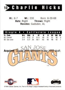 1994 Classic Best San Jose Giants #10 Charlie Hicks Back