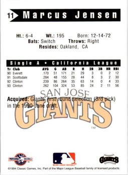 1994 Classic Best San Jose Giants #11 Marcus Jensen Back