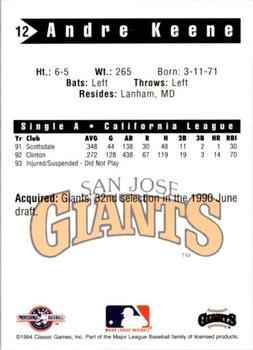 1994 Classic Best San Jose Giants #12 Andre Keene Back