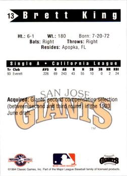 1994 Classic Best San Jose Giants #13 Brett King Back