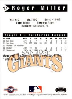 1994 Classic Best San Jose Giants #17 Roger Miller Back