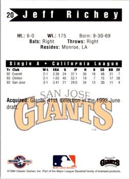 1994 Classic Best San Jose Giants #20 Jeff Richey Back