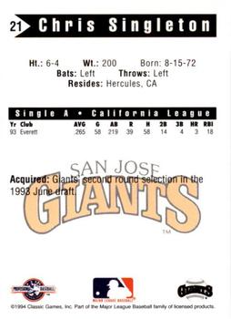 1994 Classic Best San Jose Giants #21 Chris Singleton Back