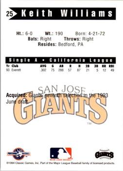 1994 Classic Best San Jose Giants #25 Keith Williams Back