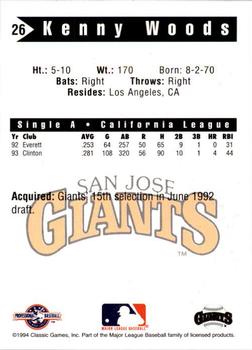 1994 Classic Best San Jose Giants #26 Kenny Woods Back