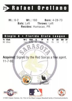 1994 Classic Best Sarasota Red Sox #21 Rafael Orellano Back