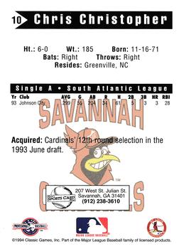 1994 Classic Best Savannah Cardinals #10 Chris Christopher Back