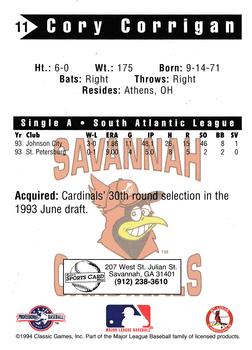 1994 Classic Best Savannah Cardinals #11 Cory Corrigan Back