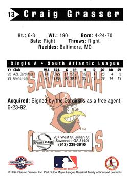 1994 Classic Best Savannah Cardinals #13 Craig Grasser Back