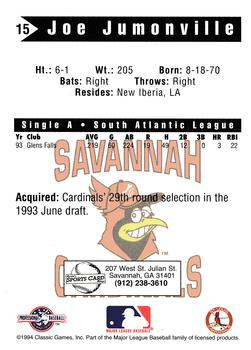 1994 Classic Best Savannah Cardinals #15 Joe Jumonville Back