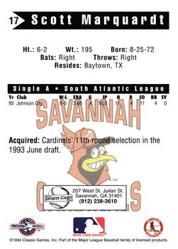 1994 Classic Best Savannah Cardinals #17 Scott Marquardt Back