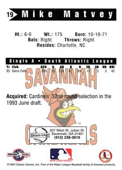 1994 Classic Best Savannah Cardinals #19 Mike Matvey Back