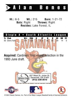 1994 Classic Best Savannah Cardinals #1 Alan Benes Back