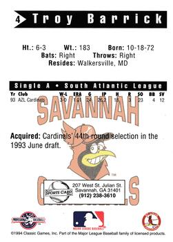 1994 Classic Best Savannah Cardinals #4 Troy Barrick Back