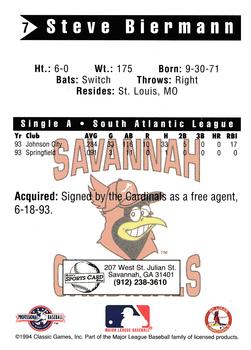 1994 Classic Best Savannah Cardinals #7 Steve Biermann Back