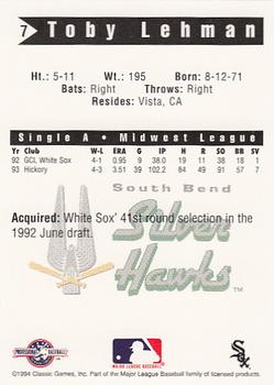 1994 Classic Best South Bend Silver Hawks #7 Toby Lehman Back