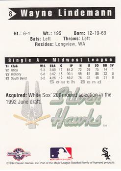 1994 Classic Best South Bend Silver Hawks #8 Wayne Lindemann Back