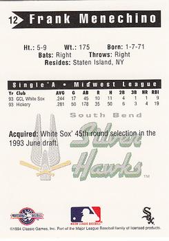 1994 Classic Best South Bend Silver Hawks #12 Frank Menechino Back