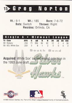 1994 Classic Best South Bend Silver Hawks #15 Greg Norton Back