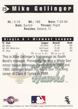 1994 Classic Best South Bend Silver Hawks #25 Mike Gellinger Back