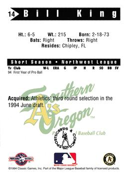 1994 Classic Best Southern Oregon A's #14 Bill King Back