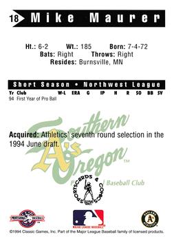 1994 Classic Best Southern Oregon A's #18 Mike Maurer Back