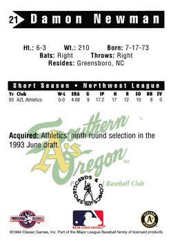 1994 Classic Best Southern Oregon A's #21 Damon Newman Back