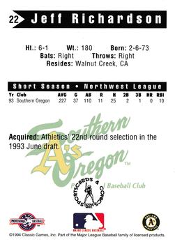 1994 Classic Best Southern Oregon A's #22 Jeff Richardson Back