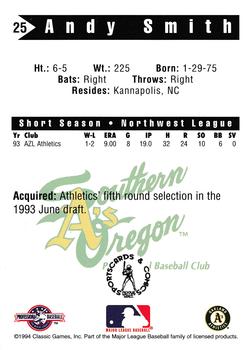 1994 Classic Best Southern Oregon A's #25 Andy Smith Back