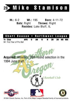 1994 Classic Best Southern Oregon A's #28 Mike Stamison Back