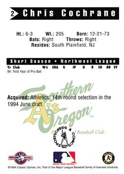 1994 Classic Best Southern Oregon A's #2 Chris Cochrane Back