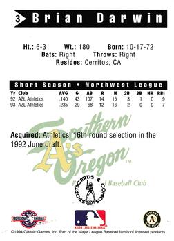 1994 Classic Best Southern Oregon A's #3 Brian Darwin Back