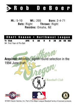 1994 Classic Best Southern Oregon A's #5 Rob DeBoer Back