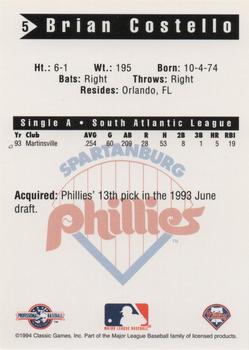 1994 Classic Best Spartanburg Phillies #5 Brian Costello Back