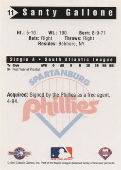 1994 Classic Best Spartanburg Phillies #11 Santy Gallone Back