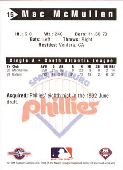 1994 Classic Best Spartanburg Phillies #15 Jon McMullen Back