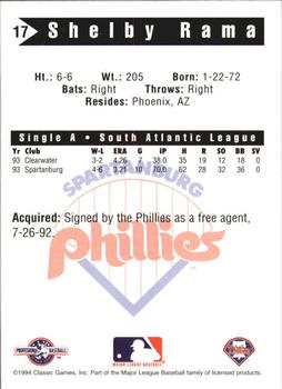 1994 Classic Best Spartanburg Phillies #17 Shelby Rama Back