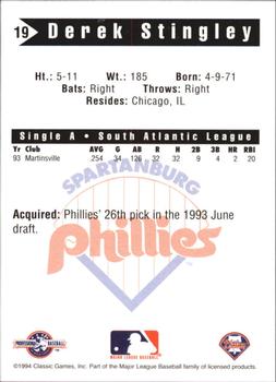 1994 Classic Best Spartanburg Phillies #19 Derek Stingley Back