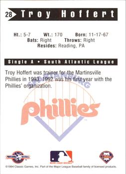 1994 Classic Best Spartanburg Phillies #28 Troy Hoffert Back