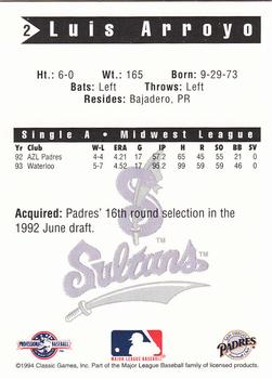 1994 Classic Best Springfield Sultans #2 Luis Arroyo Back