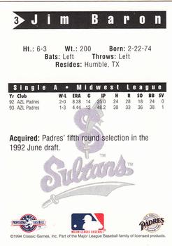 1994 Classic Best Springfield Sultans #3 Jim Baron Back