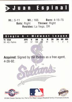 1994 Classic Best Springfield Sultans #9 Juan Espinal Back