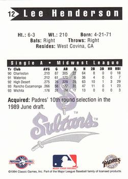 1994 Classic Best Springfield Sultans #12 Lee Henderson Back