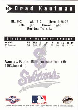 1994 Classic Best Springfield Sultans #14 Brad Kaufman Back