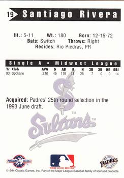 1994 Classic Best Springfield Sultans #19 Santiago Rivera Back