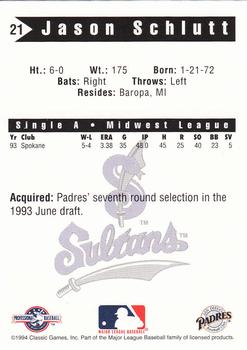 1994 Classic Best Springfield Sultans #21 Jason Schlutt Back