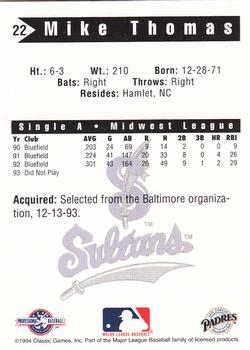 1994 Classic Best Springfield Sultans #22 Mike Thomas Back