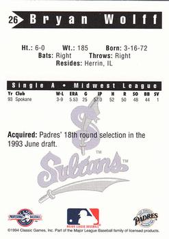 1994 Classic Best Springfield Sultans #26 Bryan Wolff Back