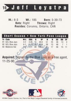 1994 Classic Best St. Catharines Blue Jays #16 Jeff Leystra Back