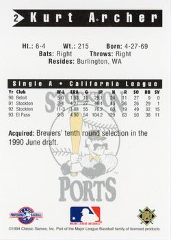 1994 Classic Best Stockton Ports #2 Kurt Archer Back